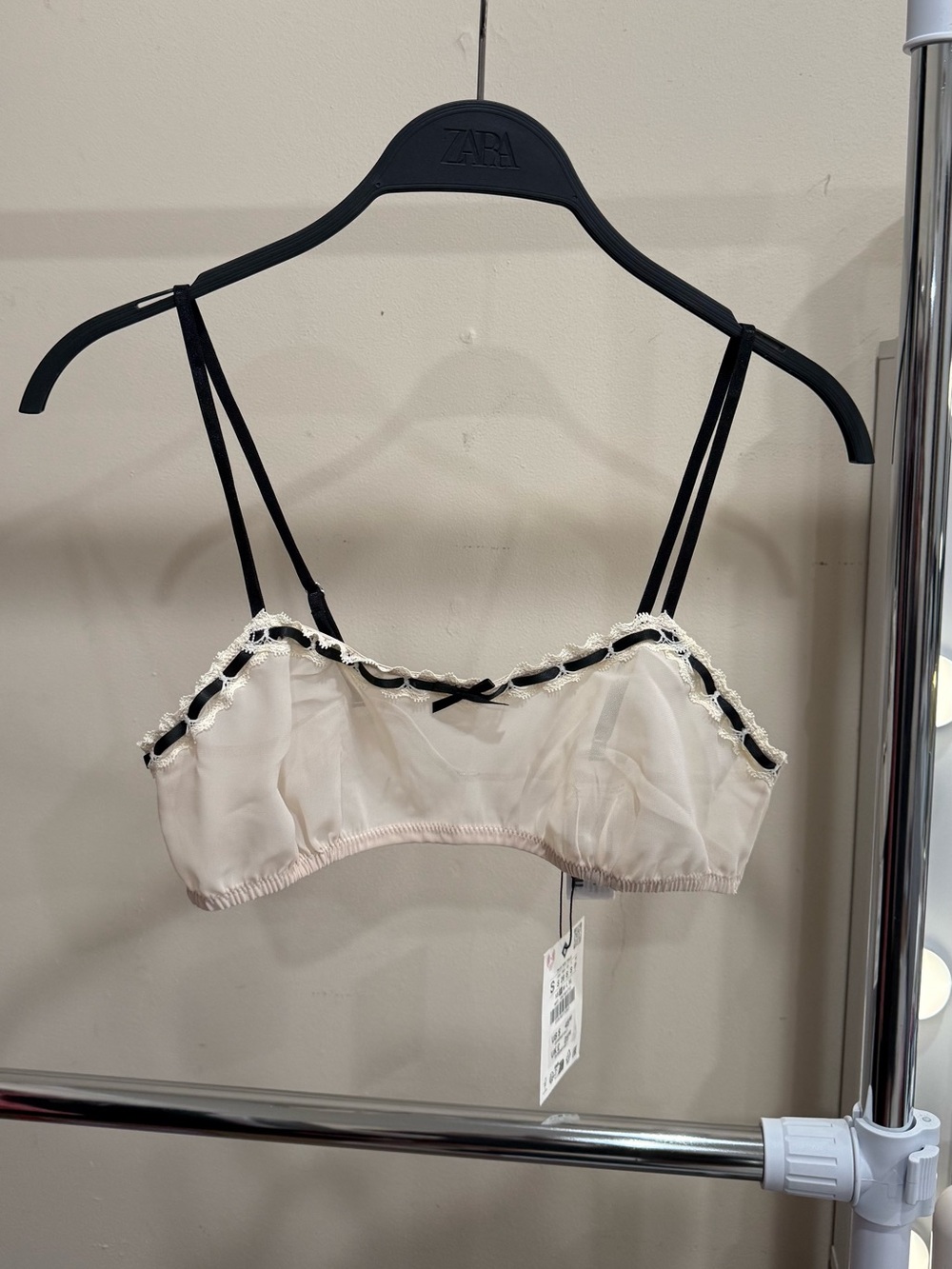 ZARA Lingerie Lace Trim Bralette Cream Black Straps Sheer Top Size S NWT